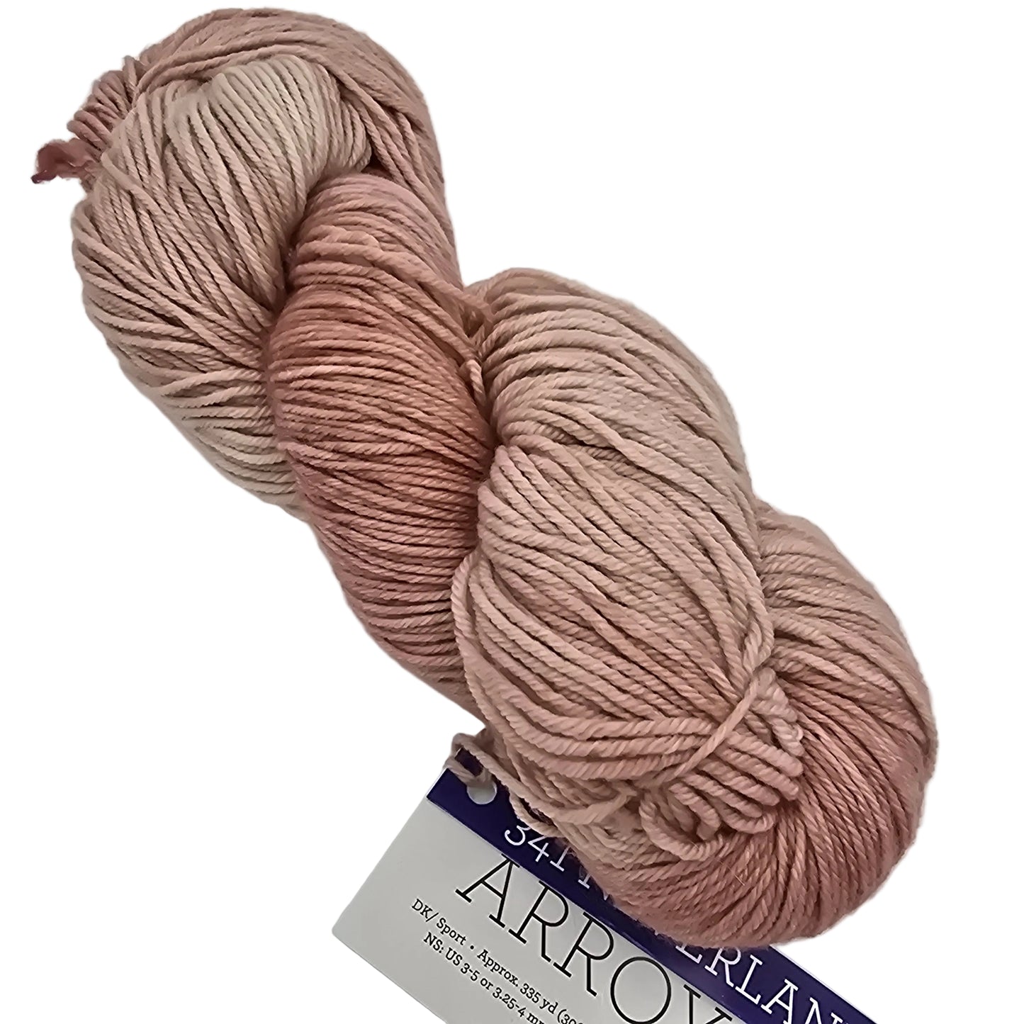Image of a single skein of Arroyo by Malabrigo yarn in the color Neverland with label on a white background.