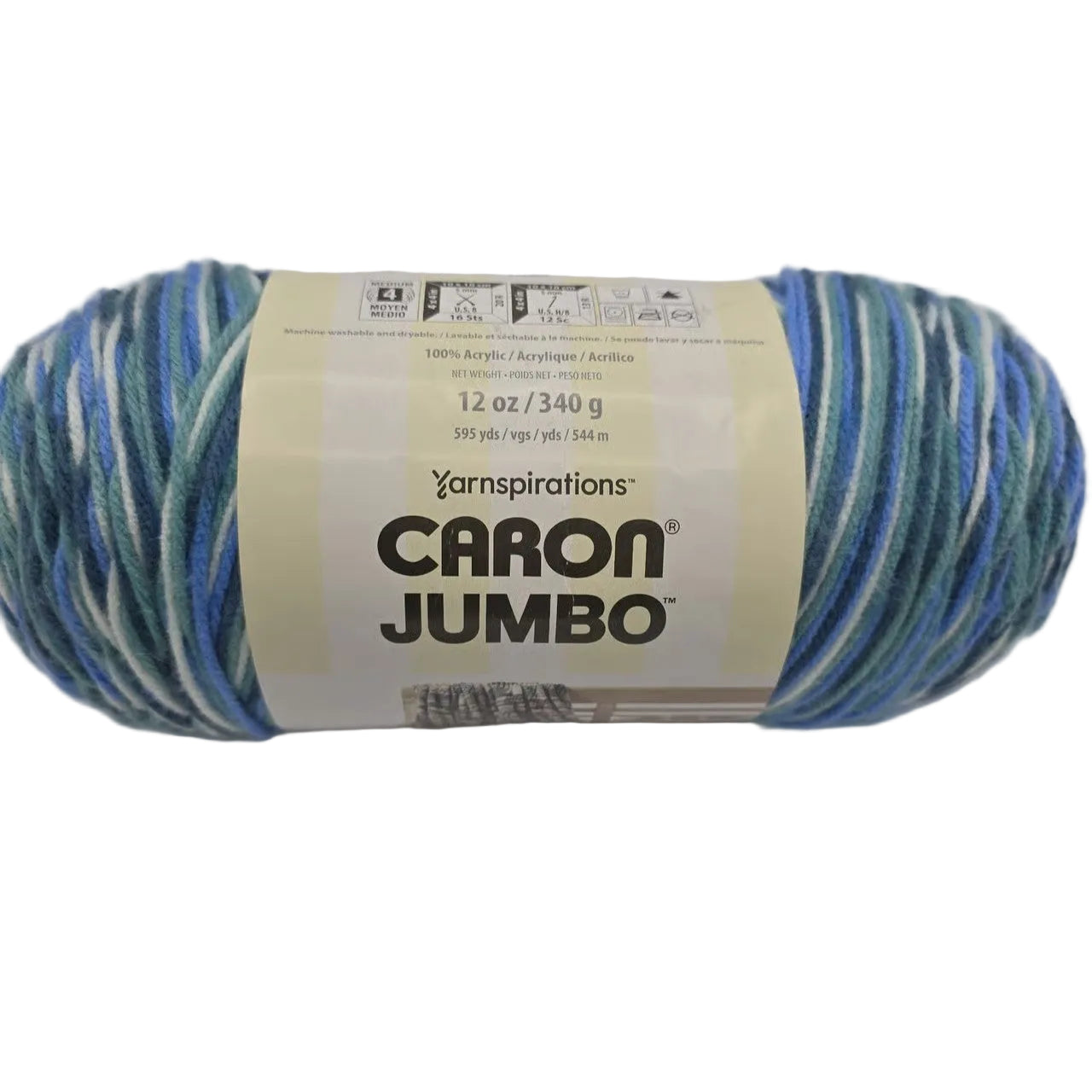 A single skein of Yarnspirations Caron Jumbo acrylic yarn in in the color Seafoam a variegated blue, teal, and white colorway, with its paper label visible on a white background.