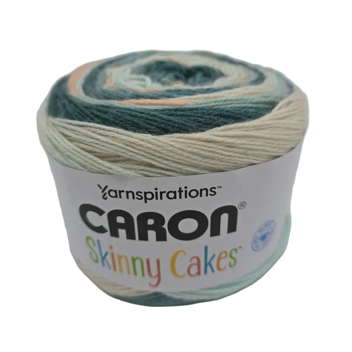 Image of a single skein of Caron Skinny Cakes Yarn in Frosted Mint with label on a white background.