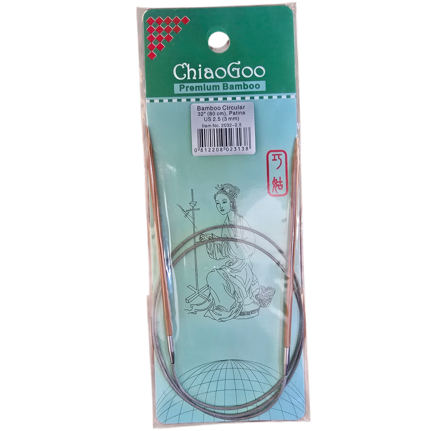 ChiaoGoo premium bamboo knitting needles in green packaging with visible label on a white background.