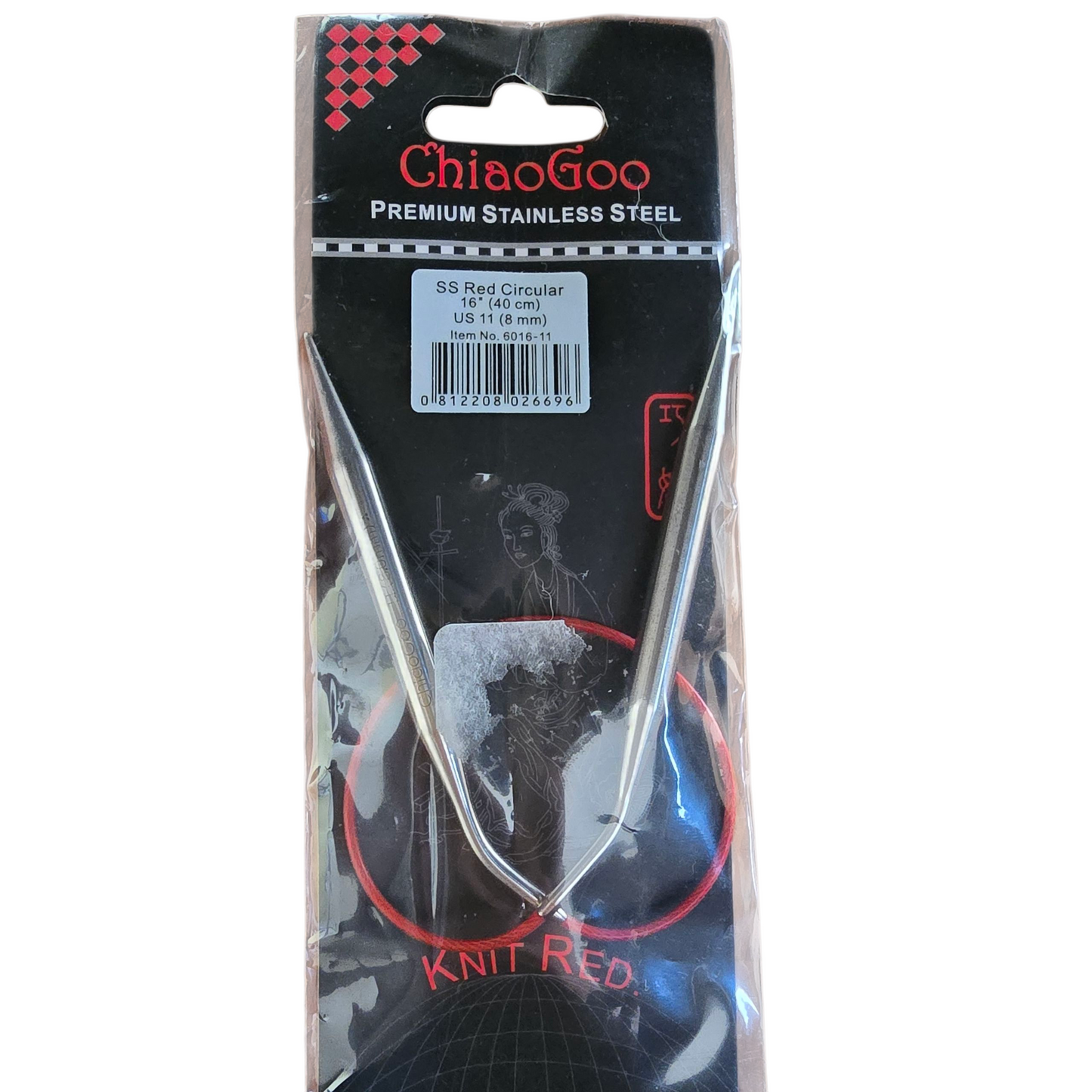ChiaoGoo US 11, 8mm, 16" stainless steel knitting needles in red and black packaging with brand name visible on a white background.