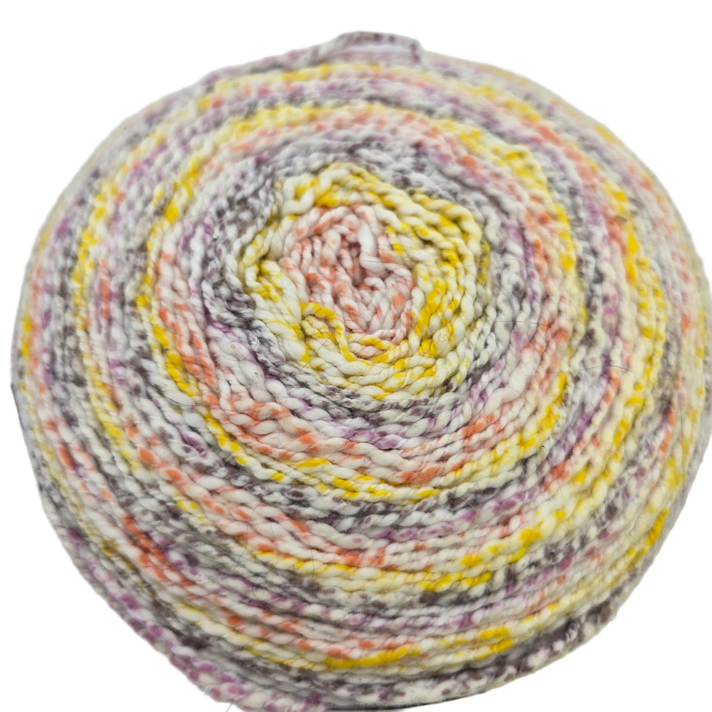 Close-up image of single cake of Caron Cotton Ripple Cakes yarn in the color Mauve Glow on a white background.