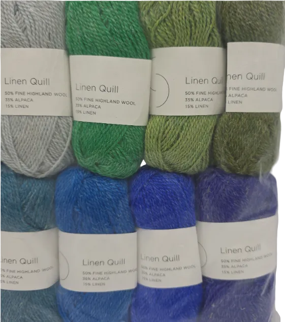Close-up Image 2 of a set of mini skeins of Purl Soho Linen Quill Yarn Set of 10 Minis in Blue & Green colors with labels on a white background.