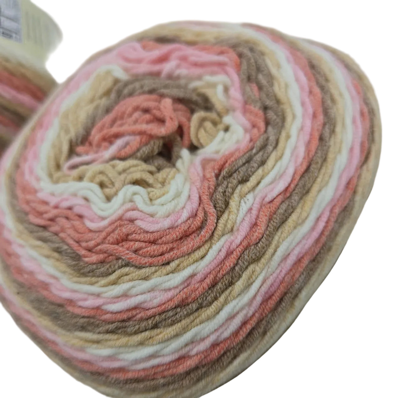 Close-up image of one Caron Cotton Cakes Yarn in the color Blush & Bloom on a white background.