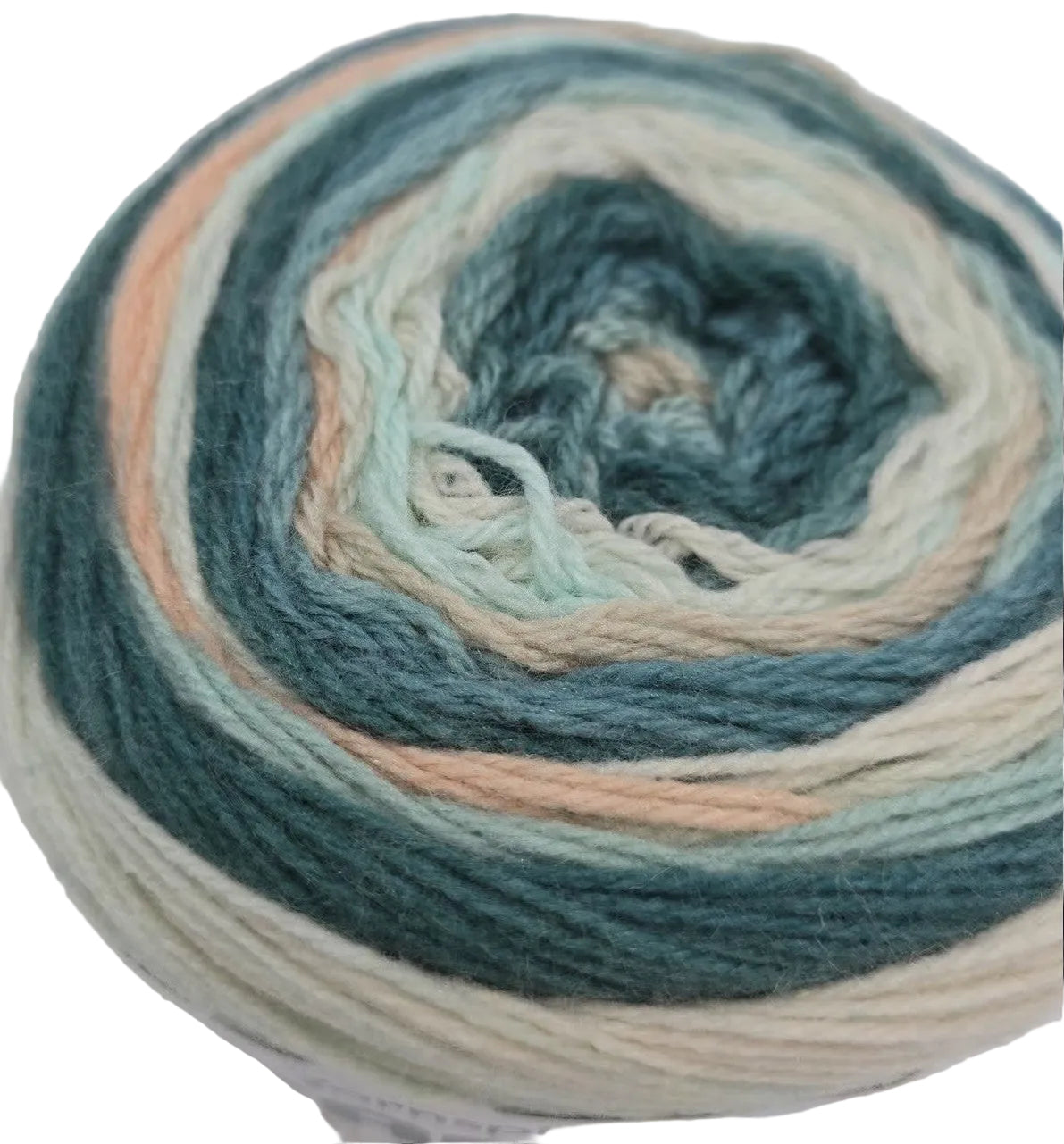 Close-up image of Caron Skinny Cakes yarn in the color Frosted Mint on a white background.