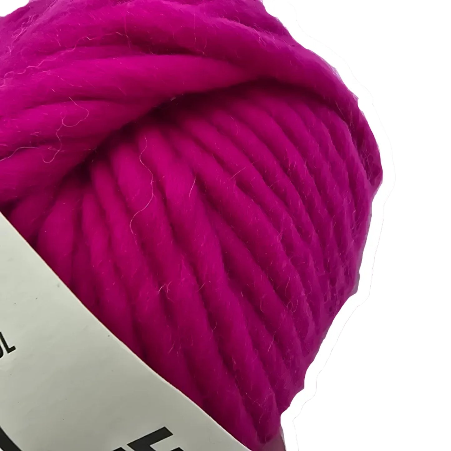 Close-up Image of Crazy Sexy Wool Yarn by Wool And The Gang in the color Hot Punk Pink with partial label visible on a white background.