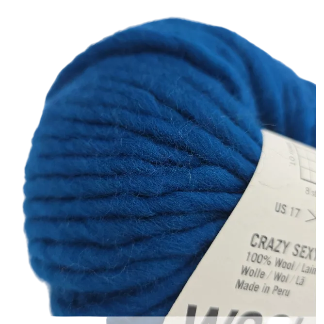 Close-up image of Crazy Sexy Wool Yarn by Wool And The Gang in the color Sherpa Blue with label on a white background.