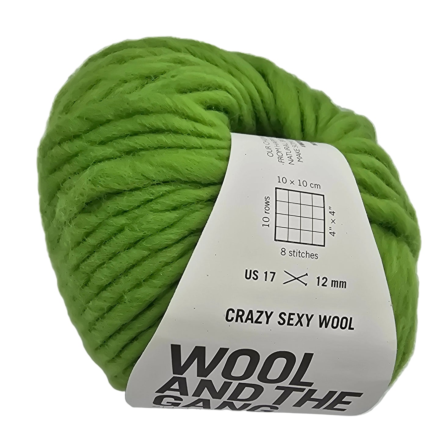 Close-up Image of a single ball of Crazy Sexy Wool yarn by Wool And The Gang in the color Wonderland Green with label on a white background.