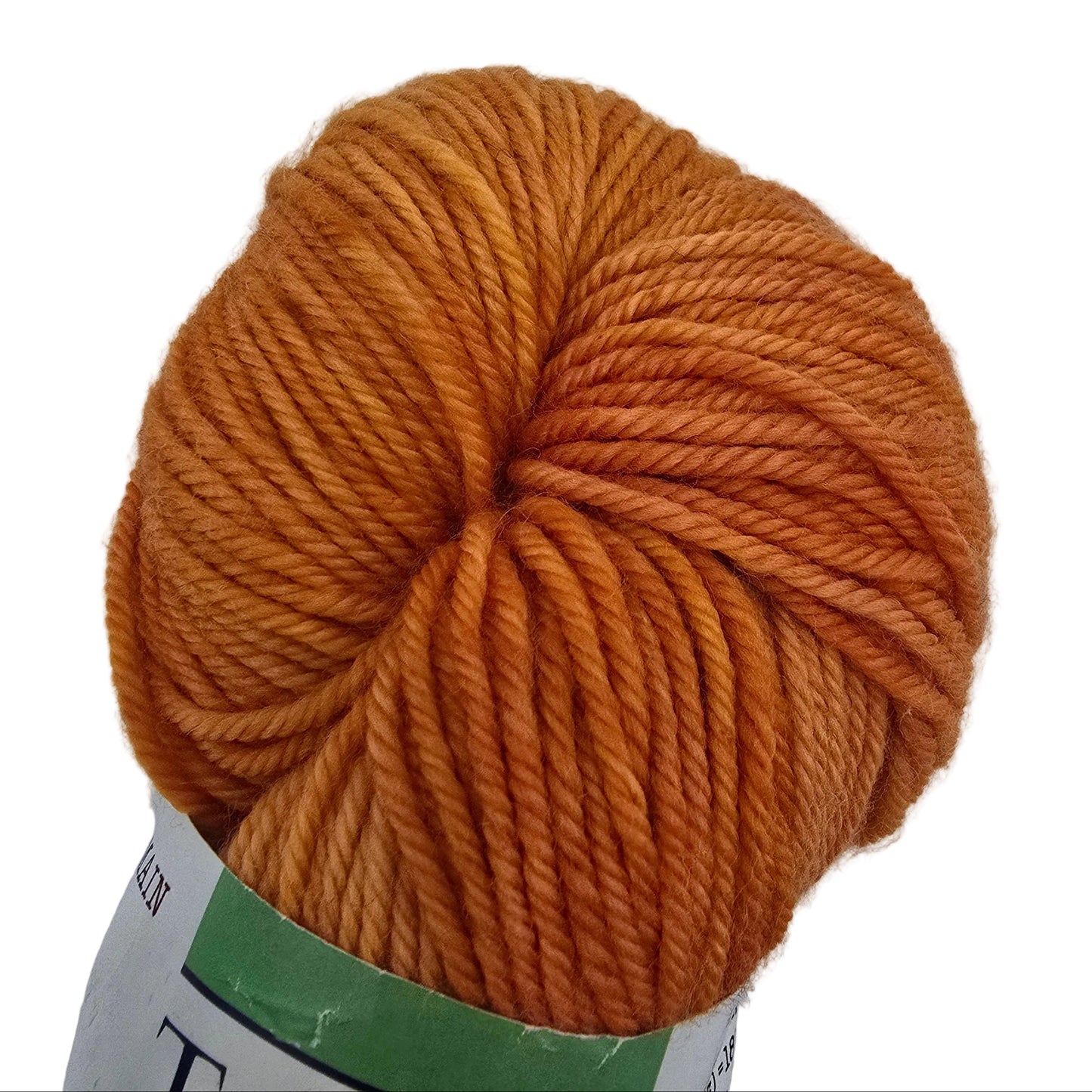 Close-up image of Green_Label_Aran_Weight_yarn by_Tanis_Fiber_Arts_in the color _Orange_Blossom on a white background.