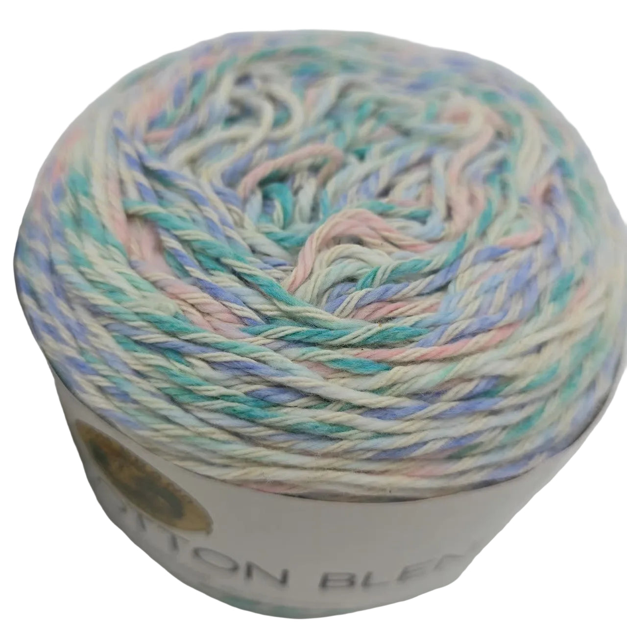 Close-up image of single cake of Lion Brand Comfy Cotton Blend -yarn on the color Sugarcane on a white background.