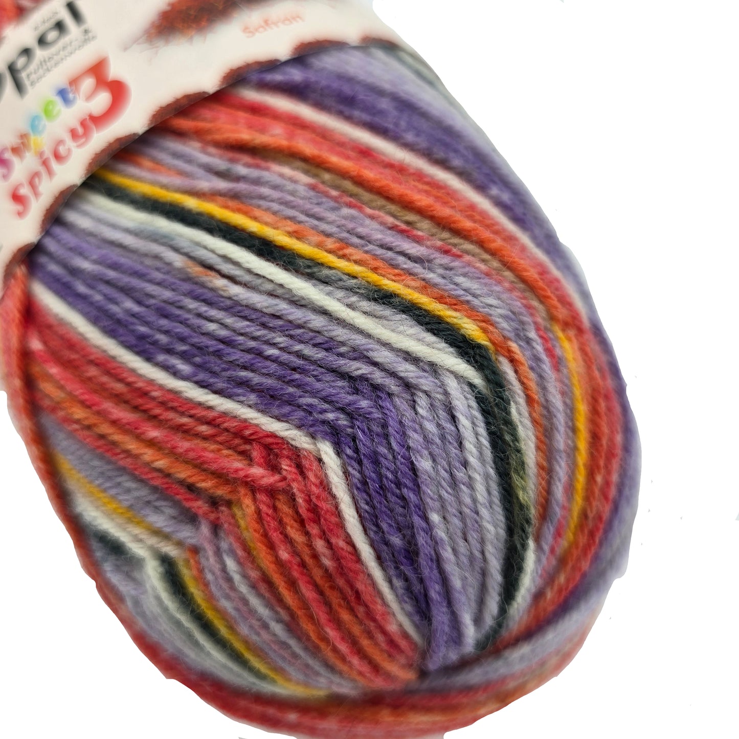 Close-up image of a single skein of Opal Sweet & Spicy 4-Ply 3 sock Yarn in Color 9121 Safran with partial label on a white background.