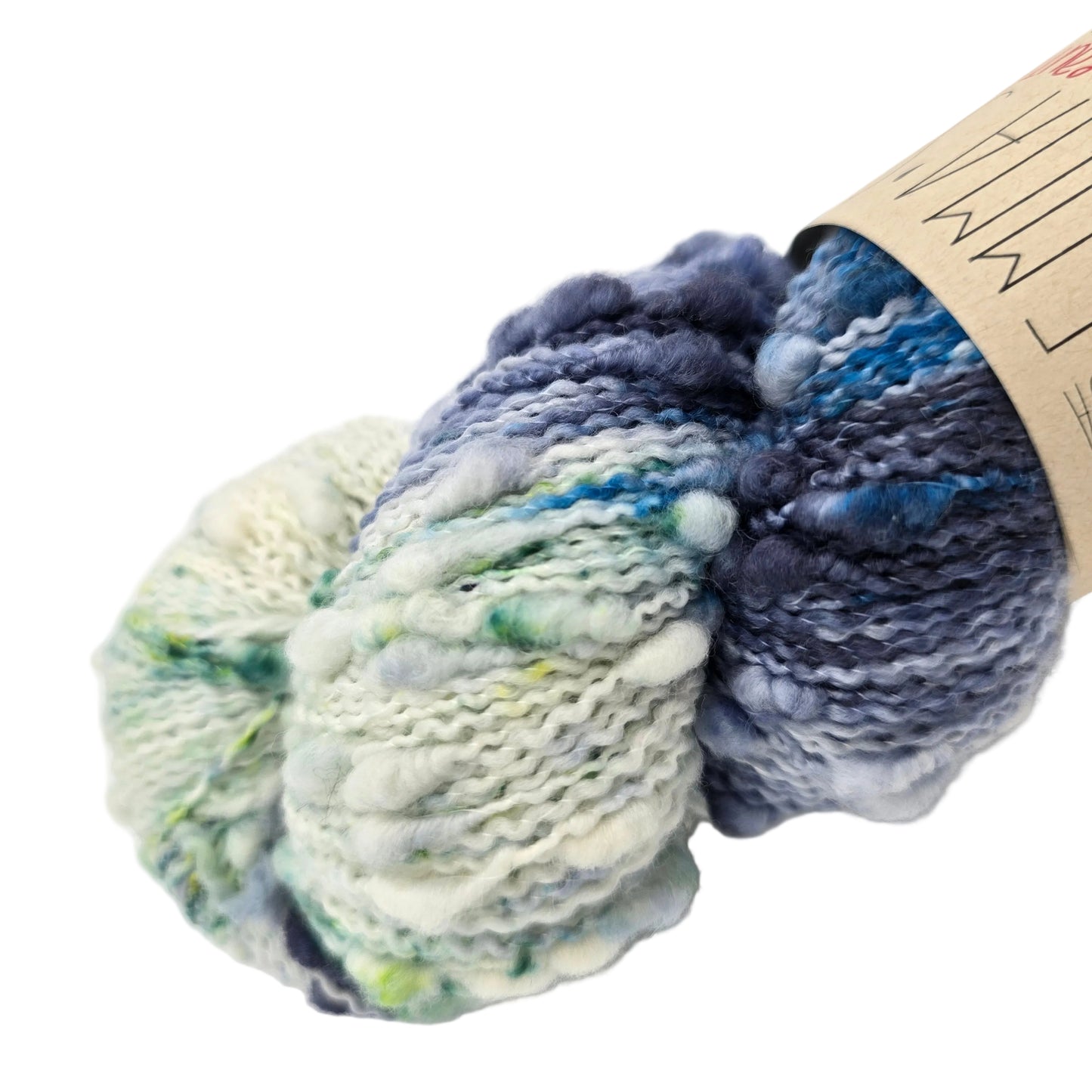Close-up image of a single skein of Slubby_Slub_yarn by_Emma_s_Yarn in the color_Everglades with partial label on a white background.