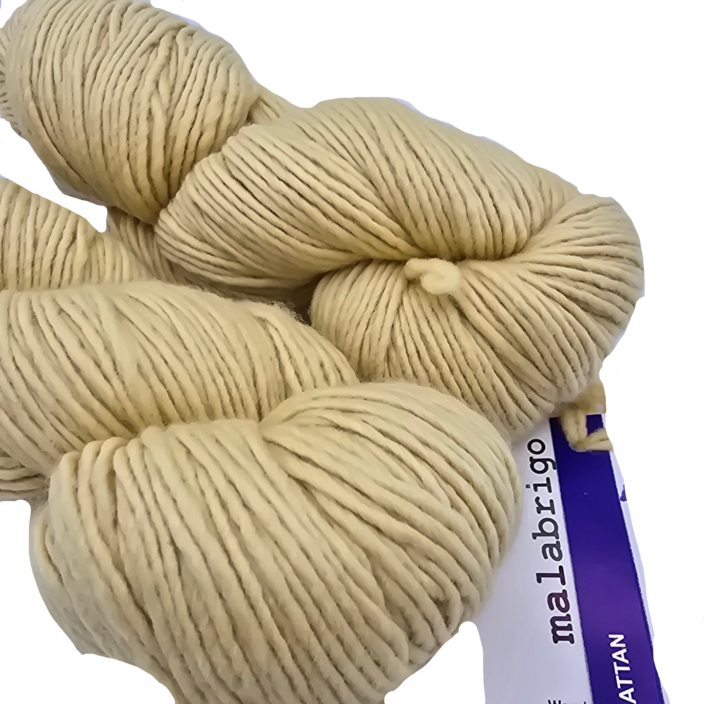 Close-up Image of two skeins of Worsted by Malabrigo in color 504 Rattan with label on white background.