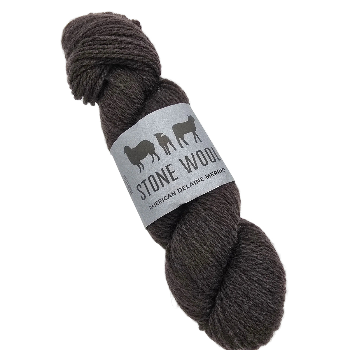 A skein of Stone Wool yarn in a dark grey-brown color, featuring a gray paper label with black sheep silhouettes and the text 'STONE WOOL' and 'AMERICAN DELAINE MERINO', set against a plain white background.