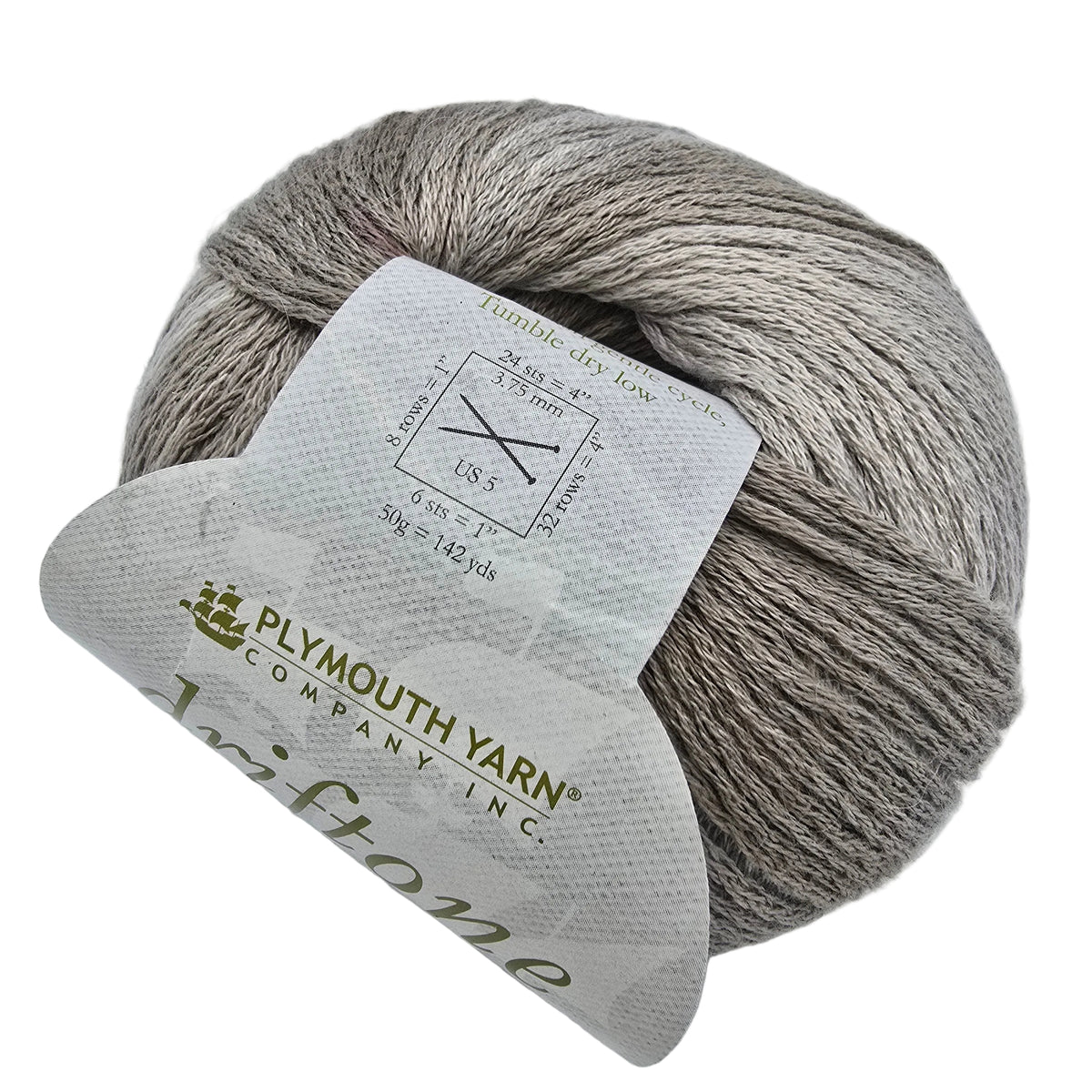 A ball of Plymouth Yarn Driftone US-5 yarn in a heathered taupe-gray color, wrapped with a white paper label showing product details.