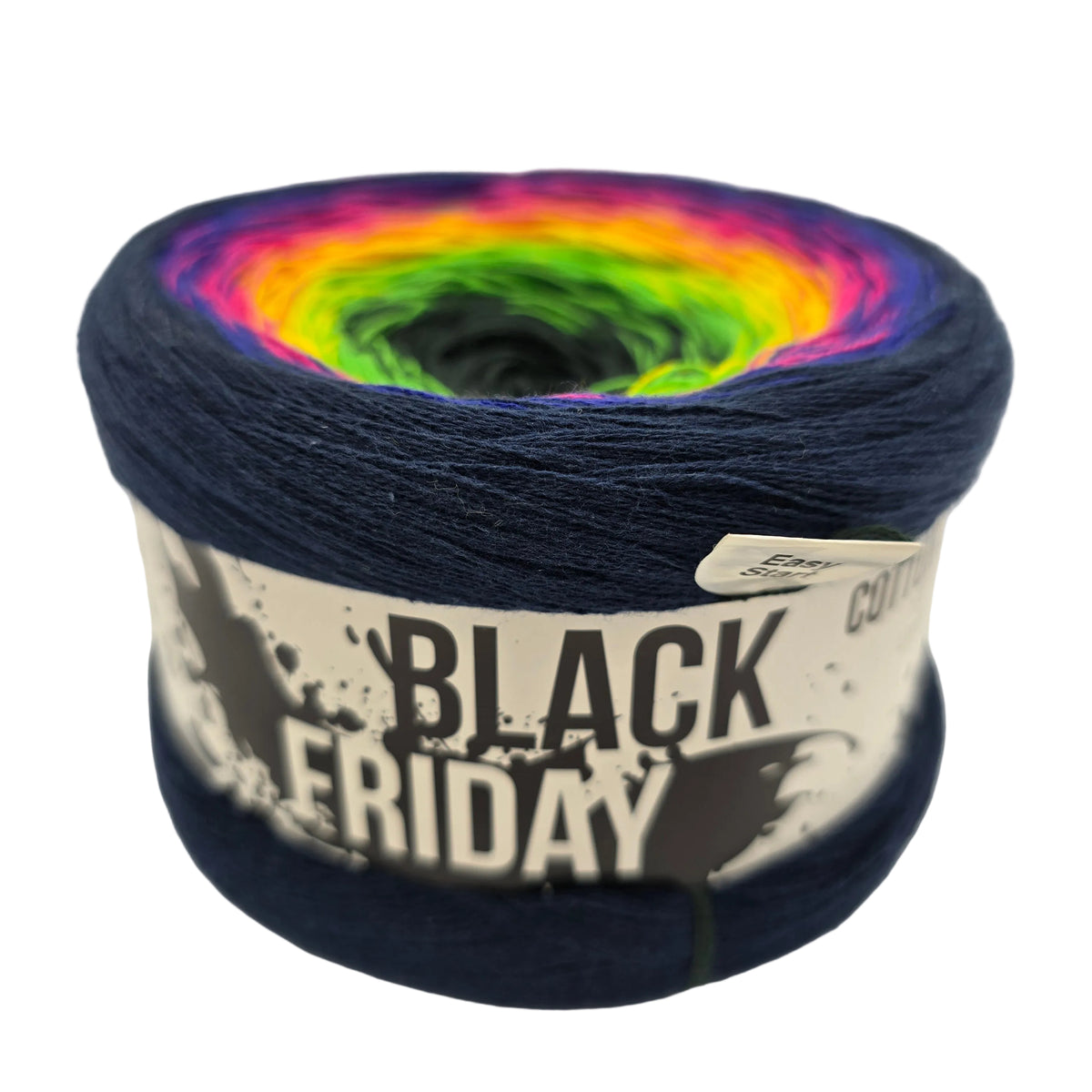 Image of a single Cake of Hobbii Black Friday Cotton Cake yarn in Color 08 with label on a white background.