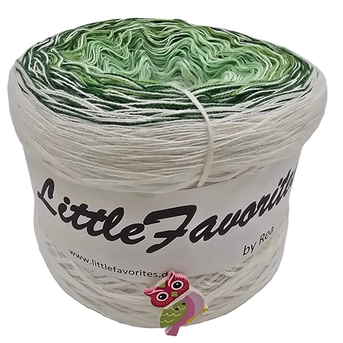 Image of a single cake of Little Favorite Yarn by Rea in the color Frozen Greens with label on a white background.