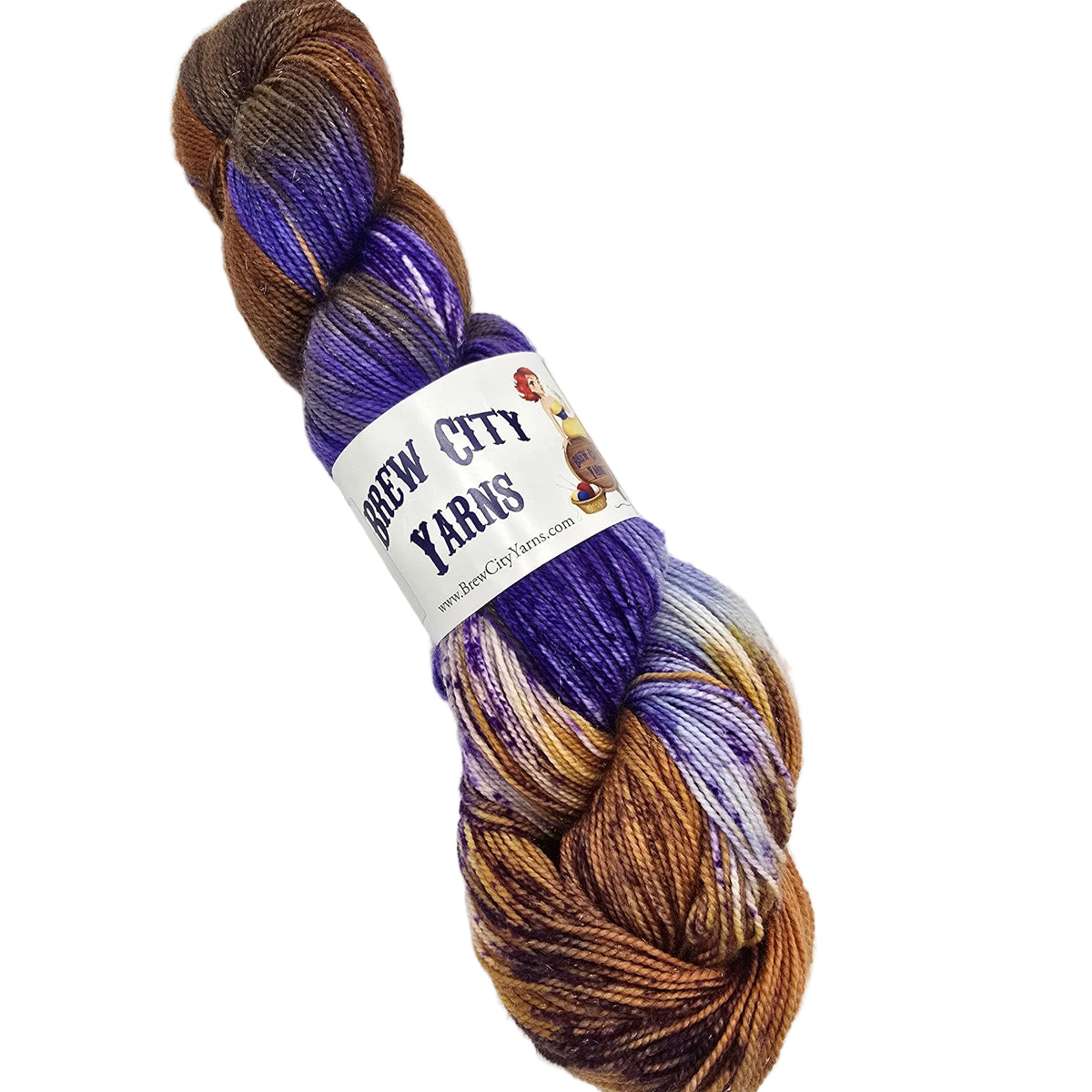 A single skein of variegated yarn from Brew City Yarns, featuring a blend of purple, brown, beige, and white colors, wrapped in a white paper label on a white background.