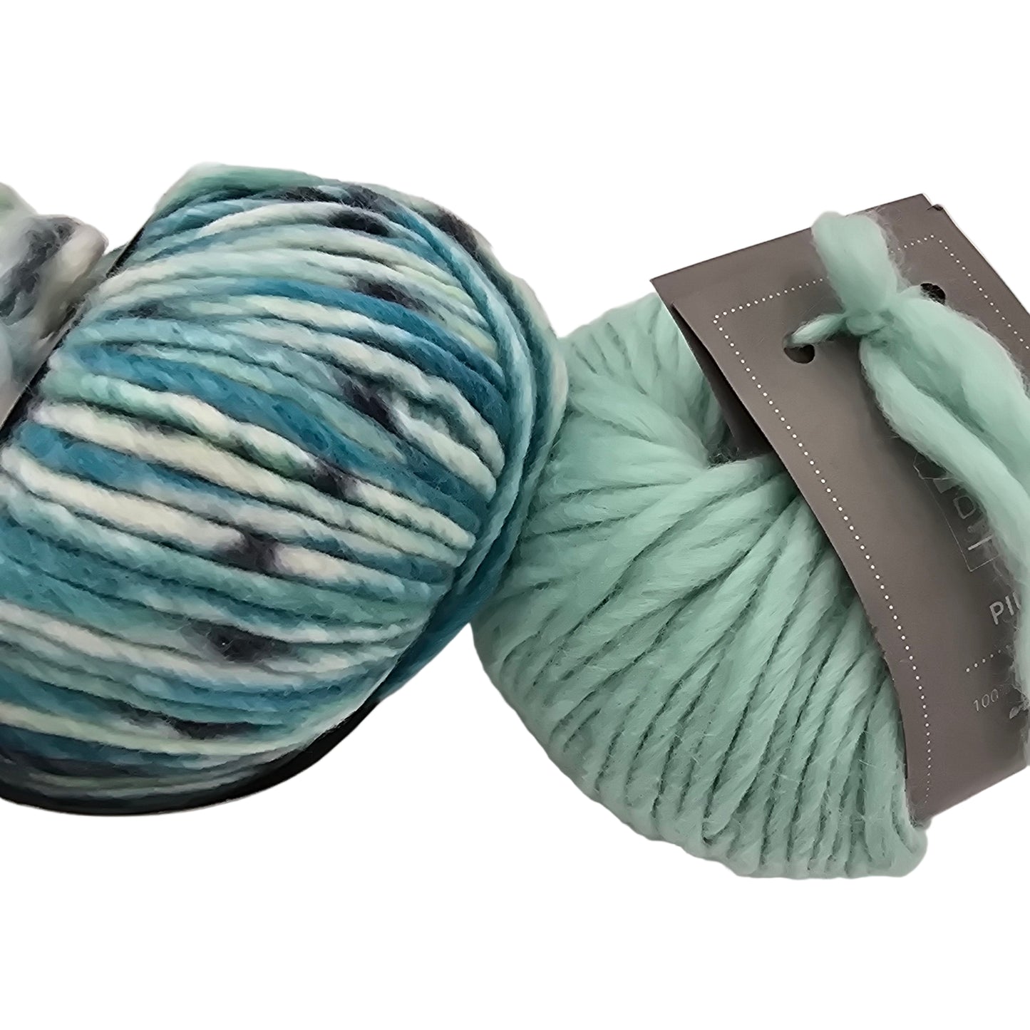 Image of two ball of Piuma by DHG ultra soft, bulky, Italian, Merino wool yarn. These are suggestions of complimentary colors (highland and Paradise) that are recommended to be purchased together.