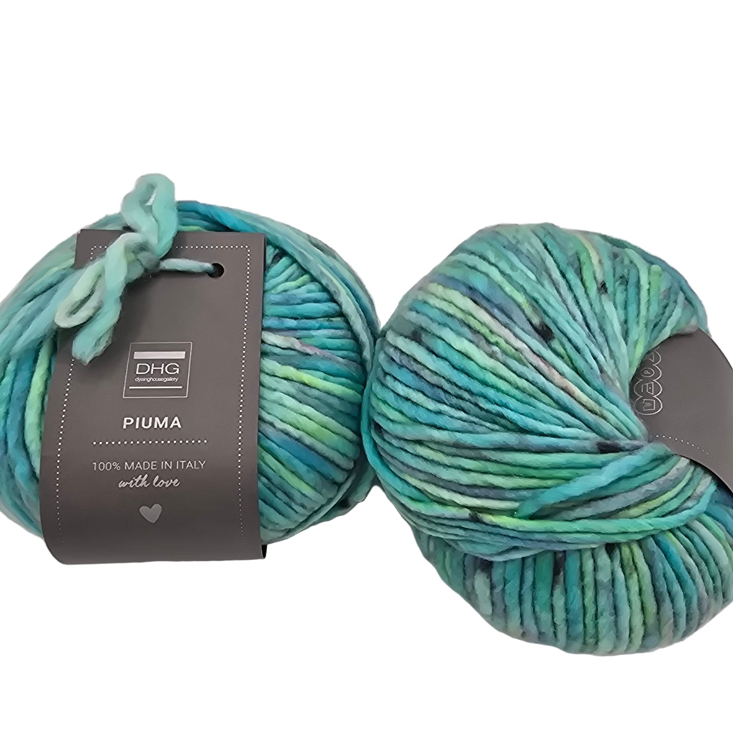 Image of two balls of Piuma by DHG Ultra Soft, bulky, Italian, Merino Wool yarn in the color Little Miami which is a multicolor yarn with mixed blue, green, and black colors with labels on a white background.