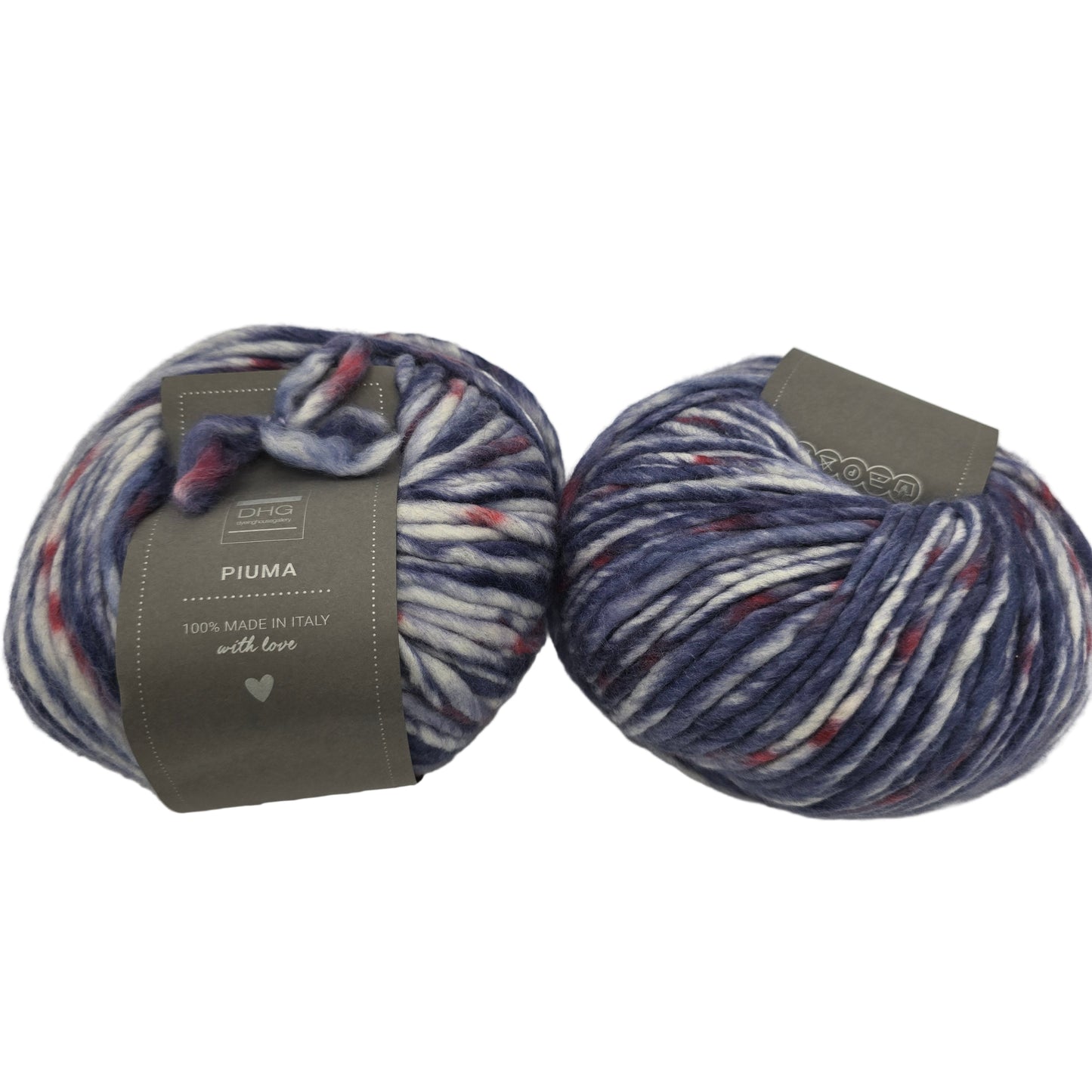 Image of two balls of Piuma by DHG Ultra Soft, bulky, Italian, Merino Wool yarn in the color Shibori which is a multicolor yarn with mixed dark blues, reds, and whites with labels on a white background.