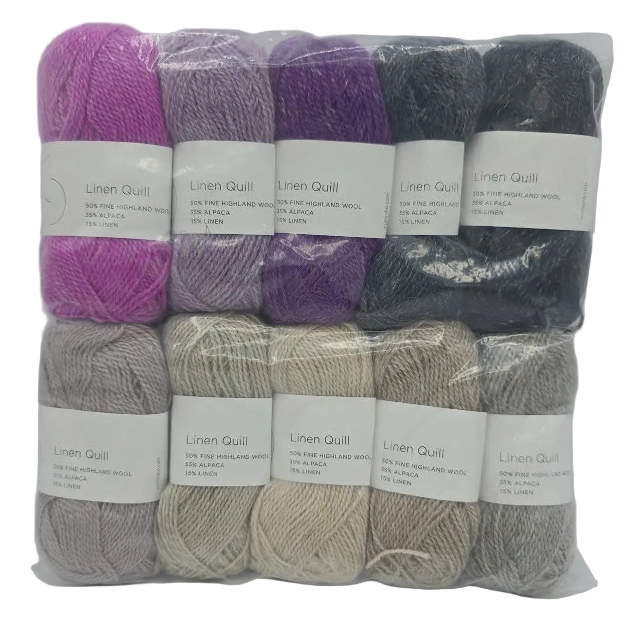 Image of a set of mini skeins of Purl Soho Linen Quill Yarn Set of 10 Minis in Purple & Neutral colors with labels on a white background.