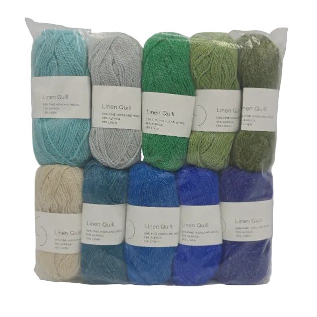 Image of a set of mini skeins of Purl Soho Linen Quill Yarn Set of 10 Minis in Blue & Green colors with labels on a white background.