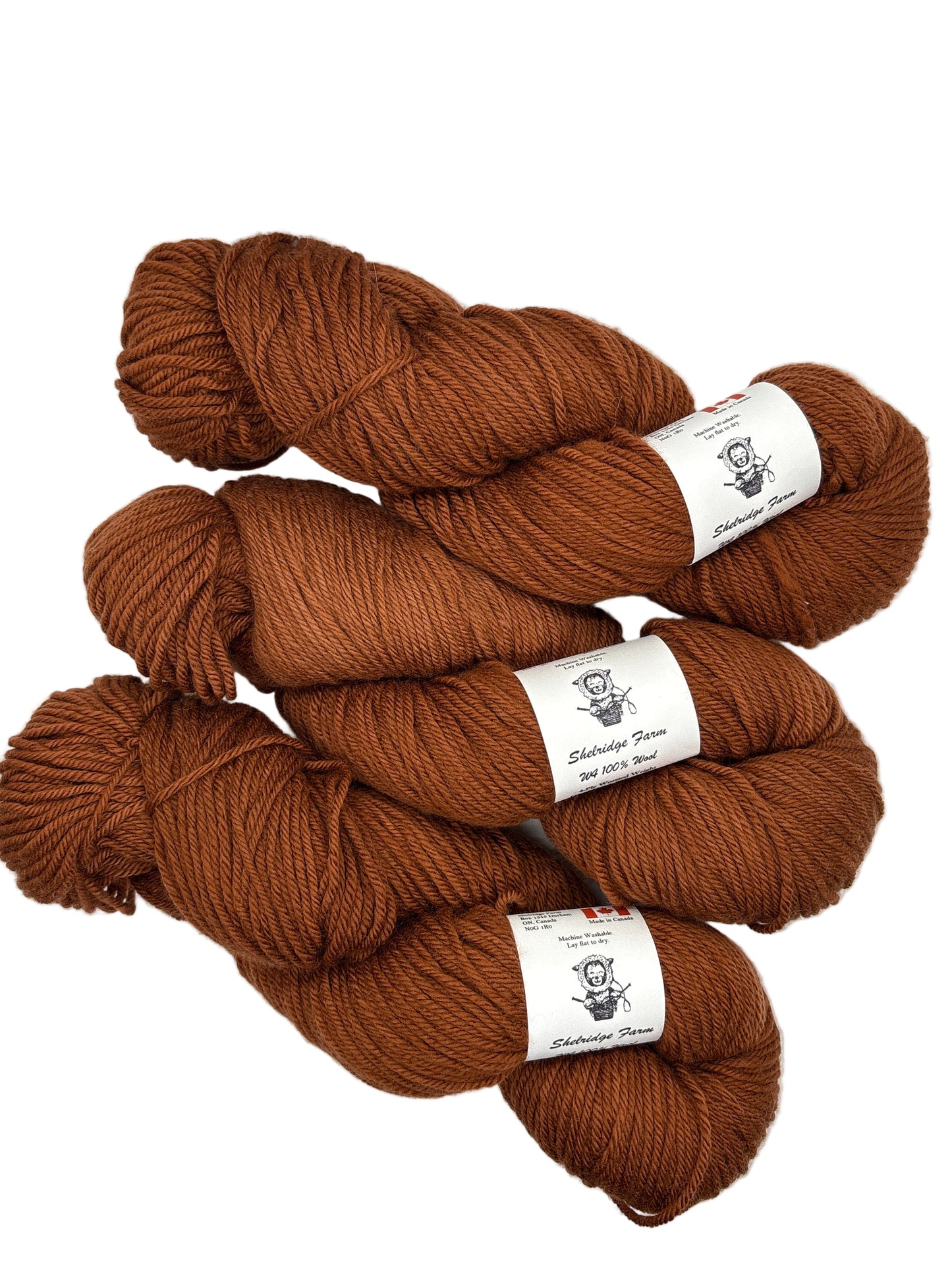 Three skeins of dark oranage yarn with labels on a white background