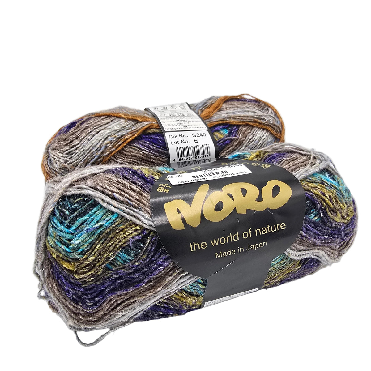 Two skeins of Silk_Garden_Sock_by_Noro_Yarn in color S245 a multicolor yarn variegated with shades of purple, blue, teal, brown, and gray with label on a white background.