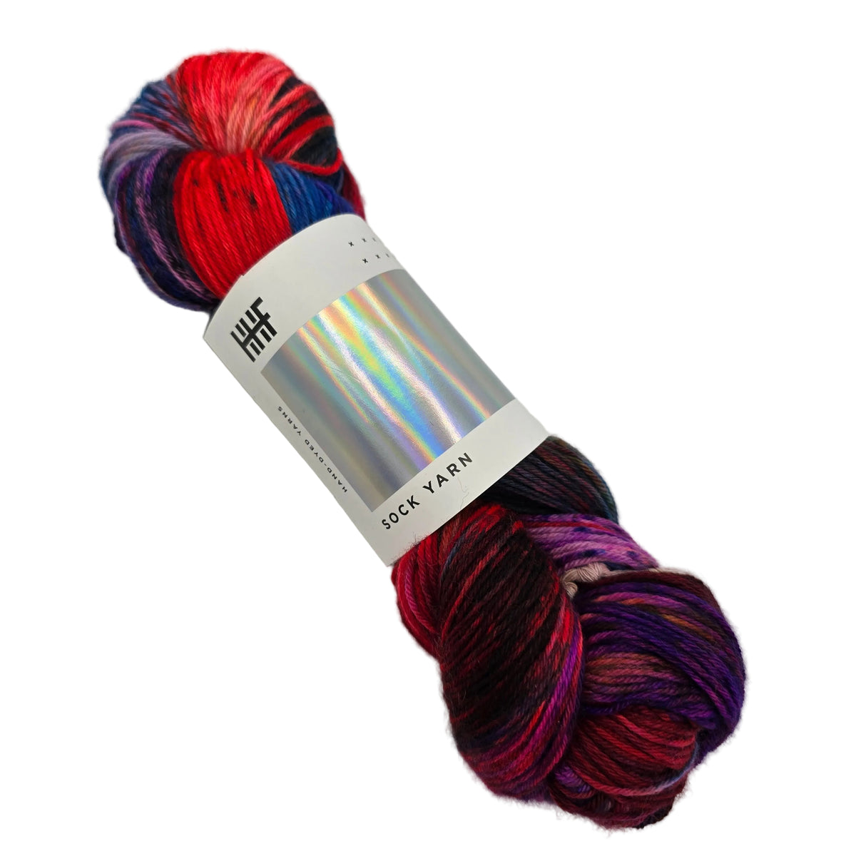 Image of a single hank of Sock Yarn by Hedgehog Fibres in the color Potluck with label on a white background.