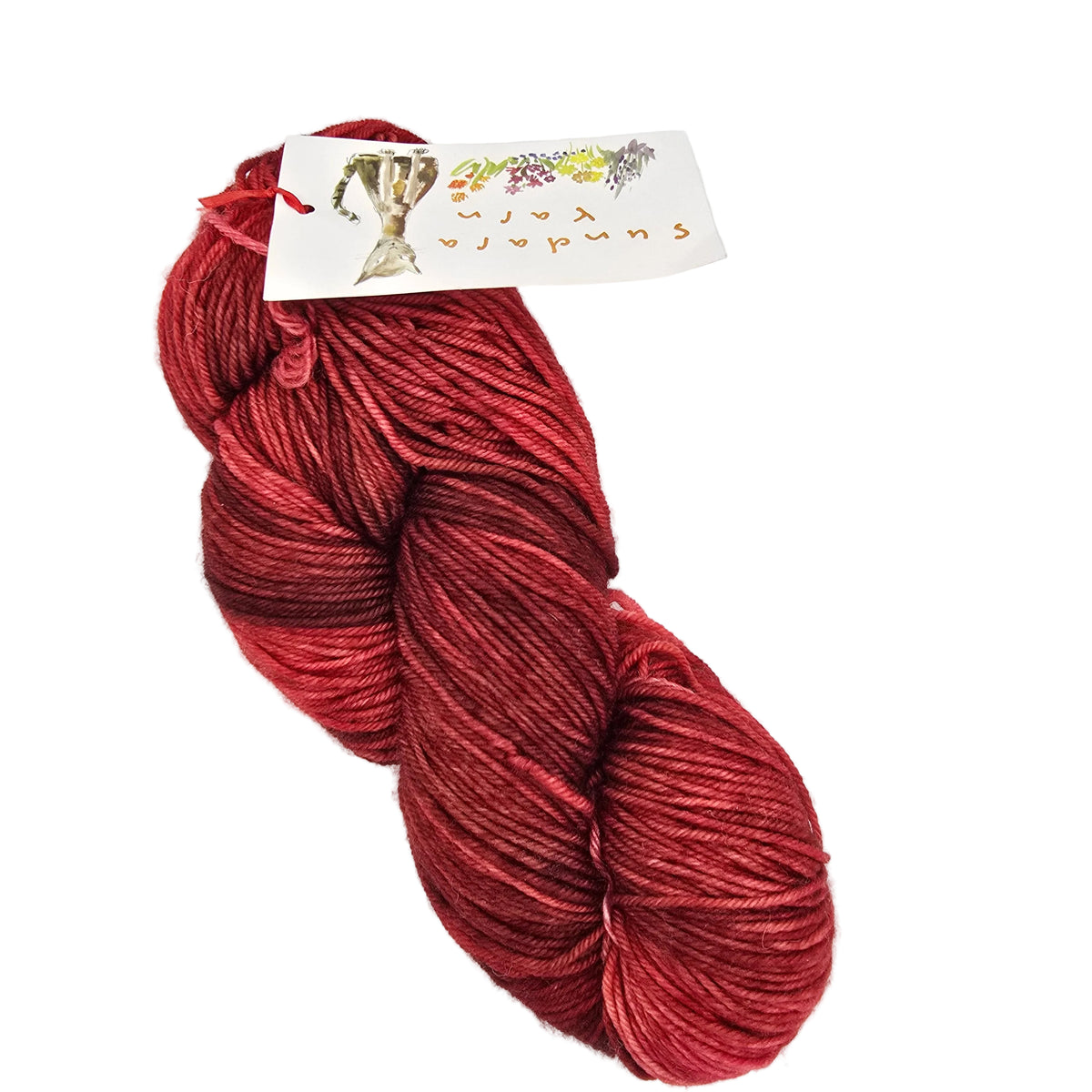 A skein of variegated yarn in shades of deep red and burgundy, with a white paper label attached, on a plain white background.