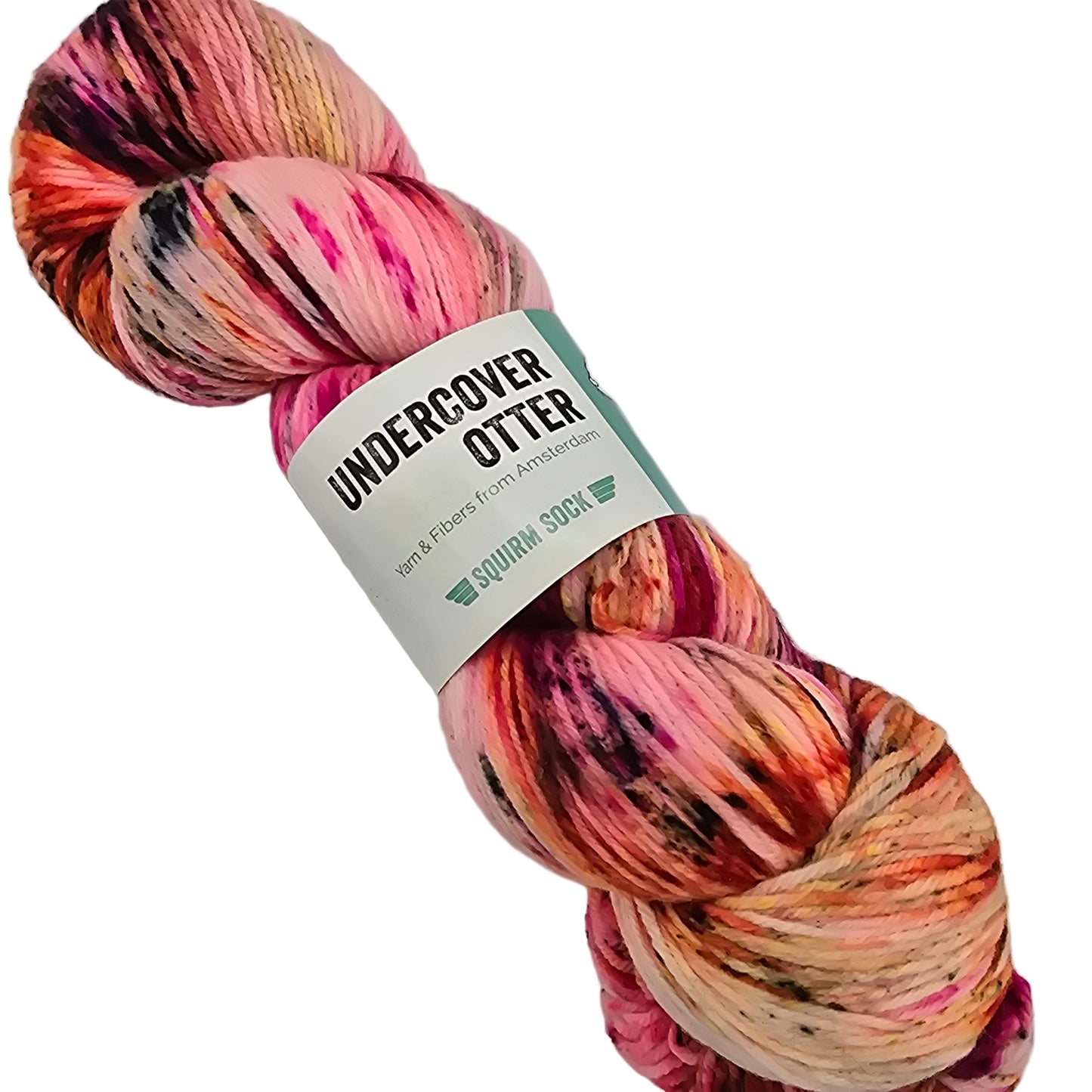 Multicolored skein of Squirm_Sock_by_Undercover_Otter color Plan 9 (From Outer Space) yarn with a label on a white background