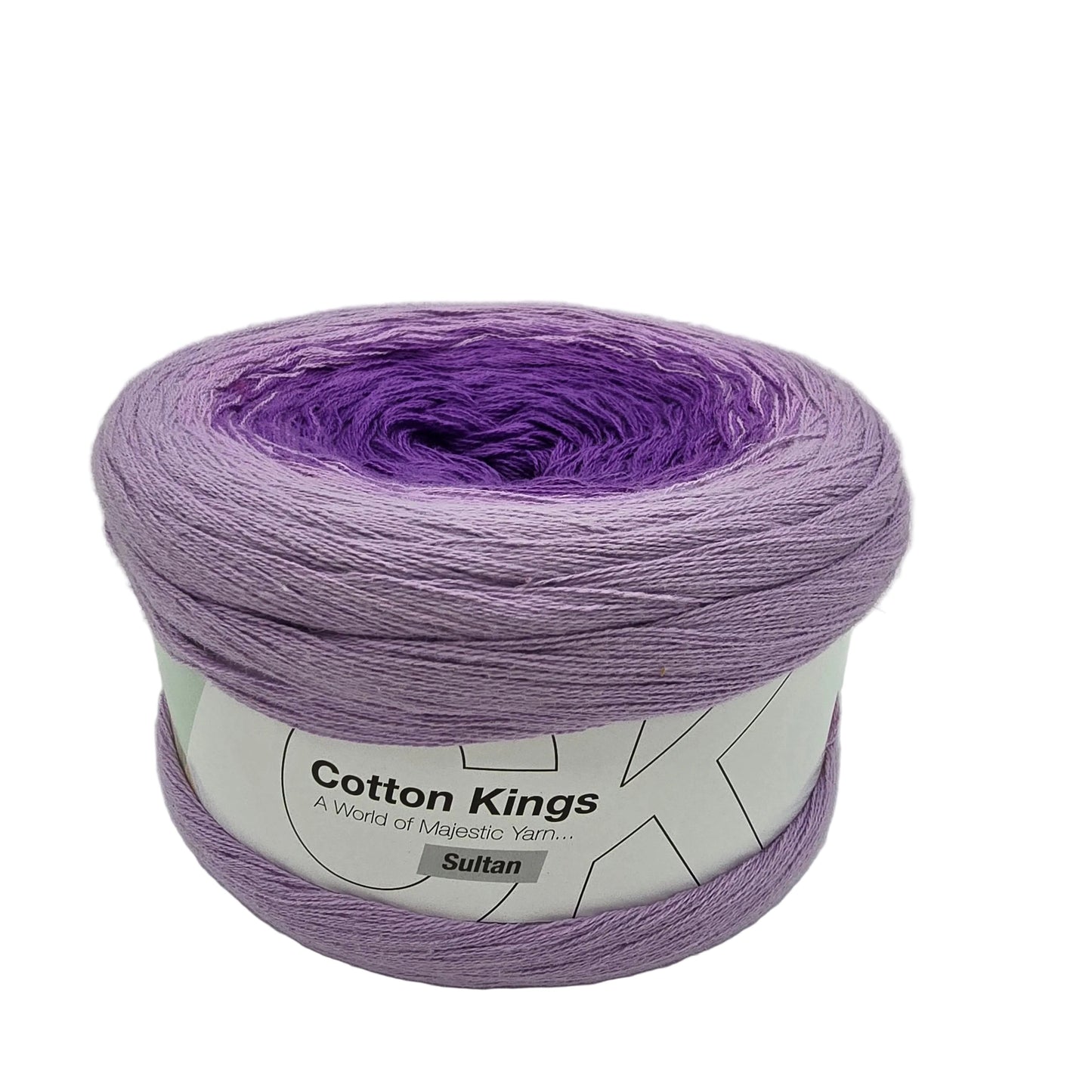 A skein of Sultan Gradient yarn by Cotton Kings (Hobbii) in color 06 Amethyst featuring a color-shifting gradient from light lavender to deep purple with label on a white background.
