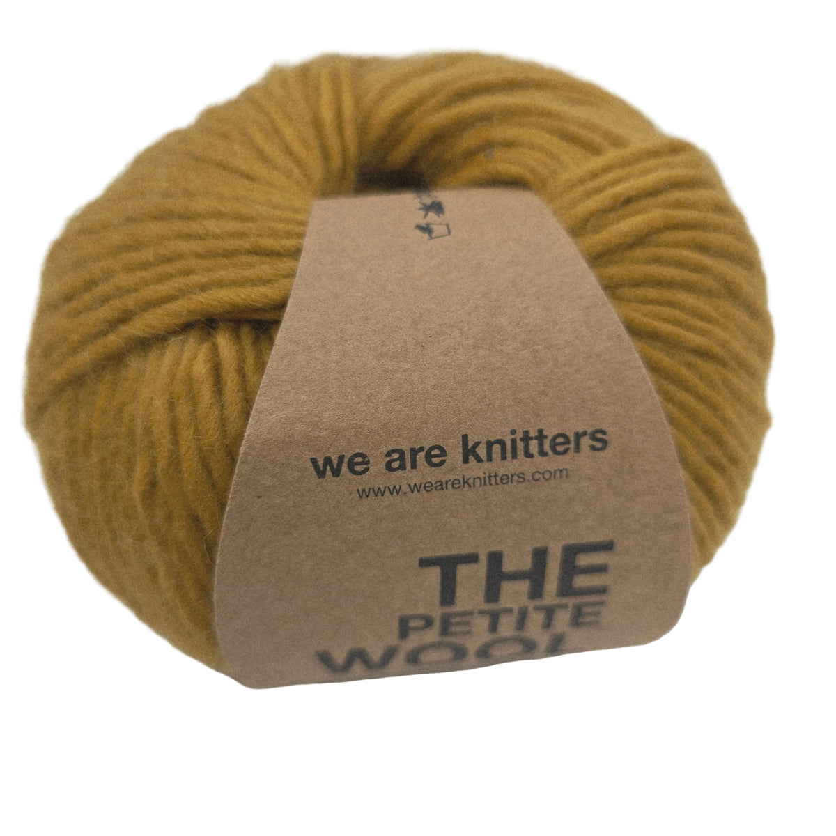 Image of a single ball of The Petite Wool yarn by We Are Knitters in Ochre with label in a white background.