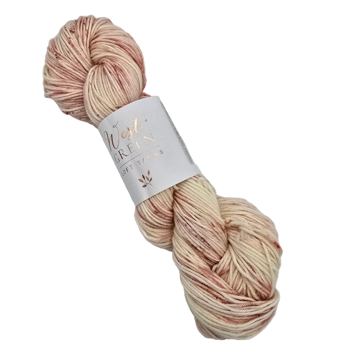 A single skein of WGLY Double Knitting Yarn by West Green Loft Yarns in the colorway Marshmallow. A varigeated yarn with cream, pink, and red on a white background.
