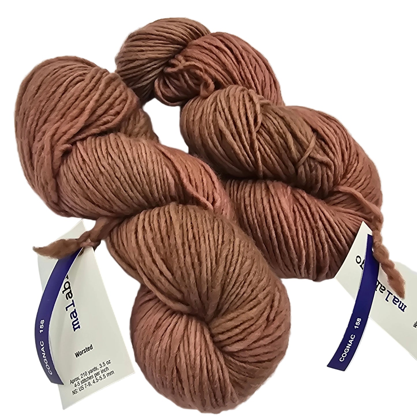 Image of two skeins of Worsted by Malabrigo Yarn in color 158 Cognac with labels on a white background.
