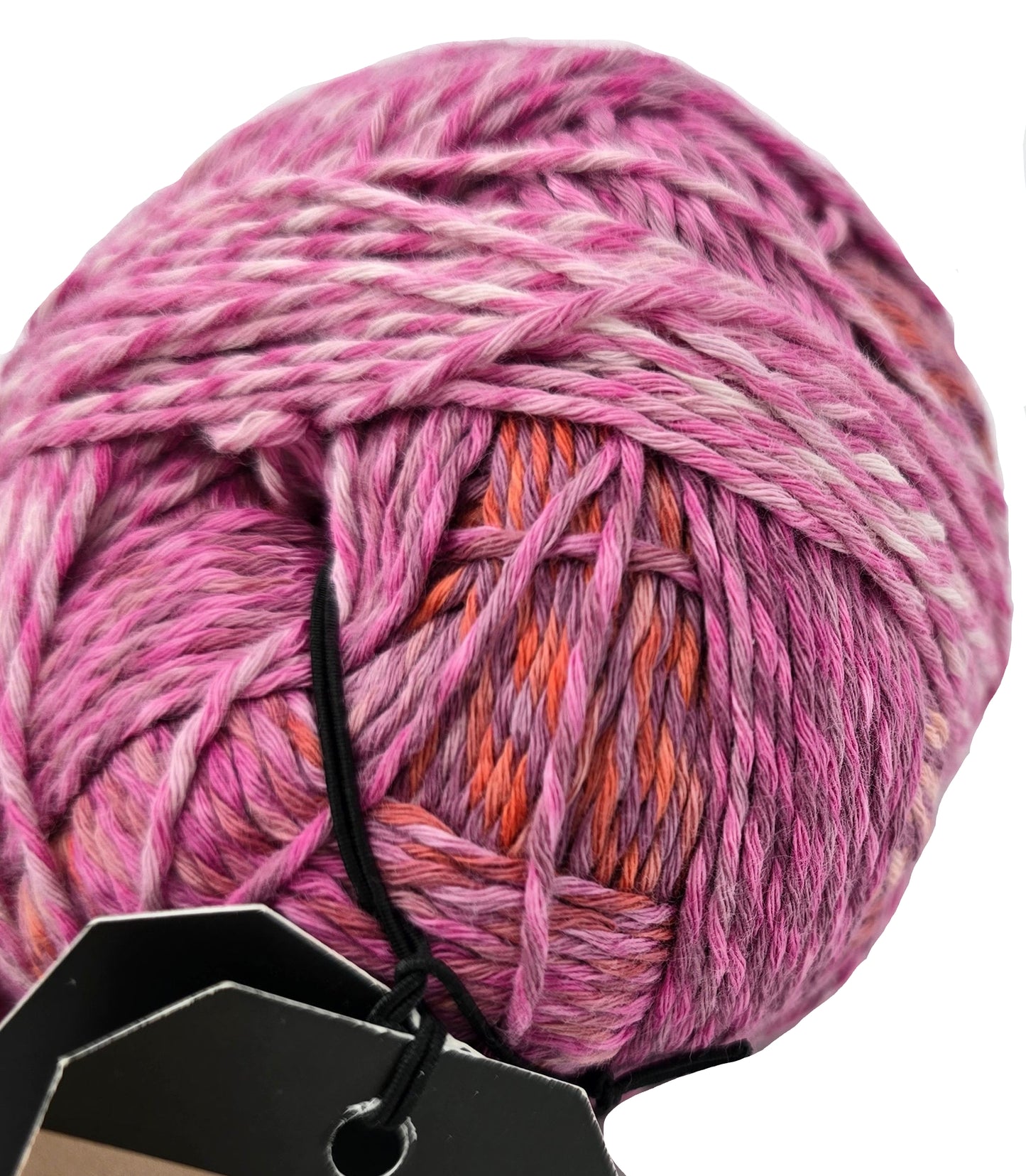 Close-upImage of of Zauberball Crazy Cotton Yarn by Schoppel-Wolle in the color First Day of Spring 2441 with labels on a white background.