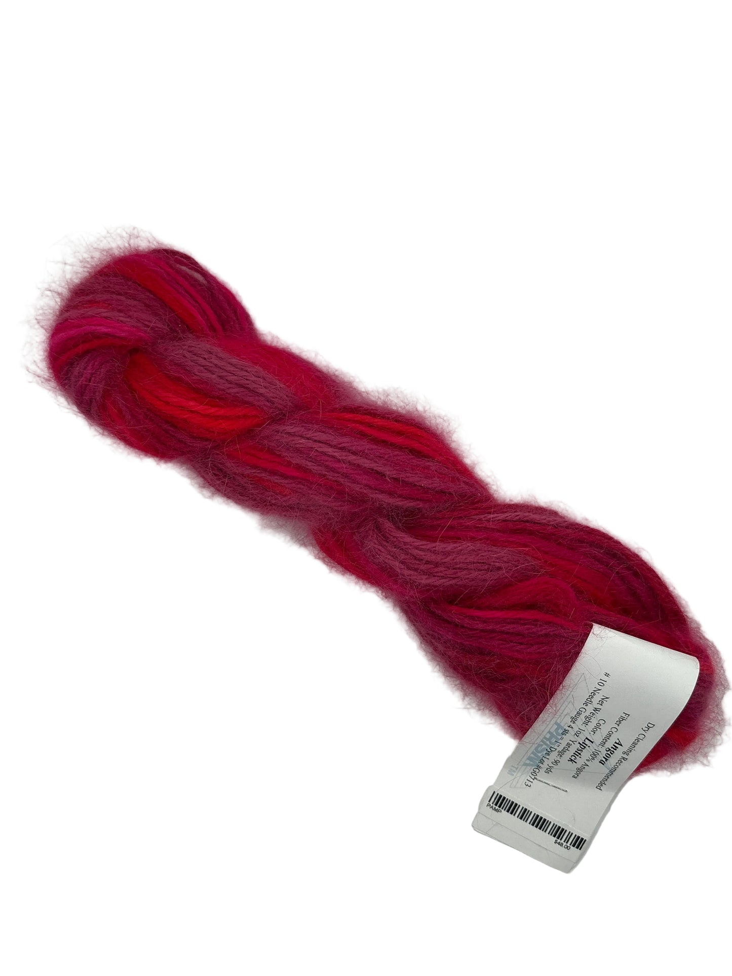 Image of a single skein of 100% angora yarn by prism in the color lipstick with label on a white background.