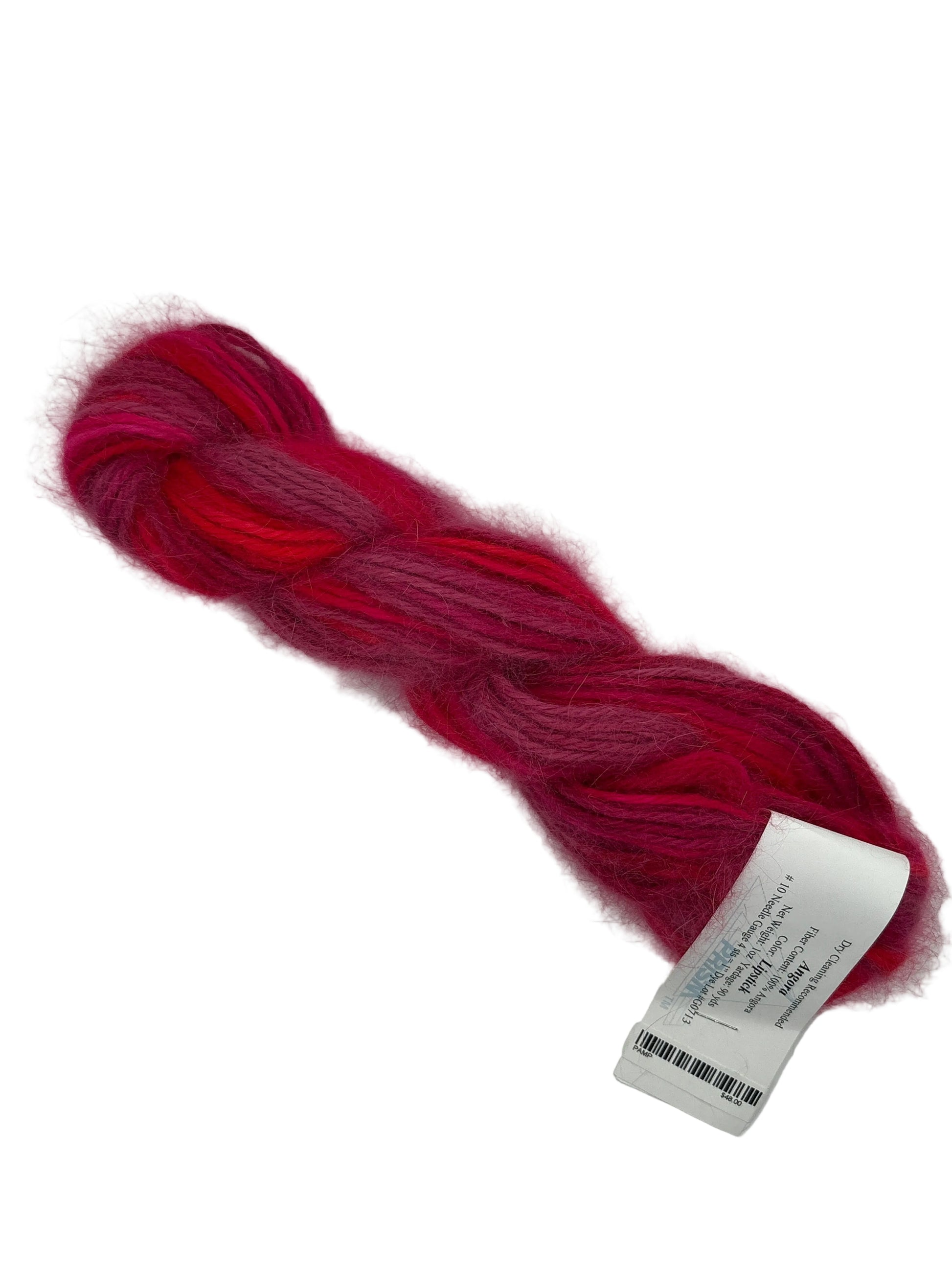Image of a single skein of 100% angora yarn by prism in the color lipstick with label on a white background.