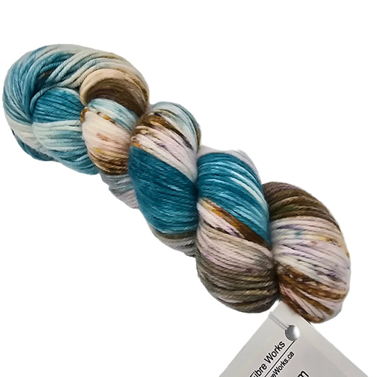A single skein of 80/20 DK yarn by arcane fibre works in the color Witherbloom Crystal with label in a white background