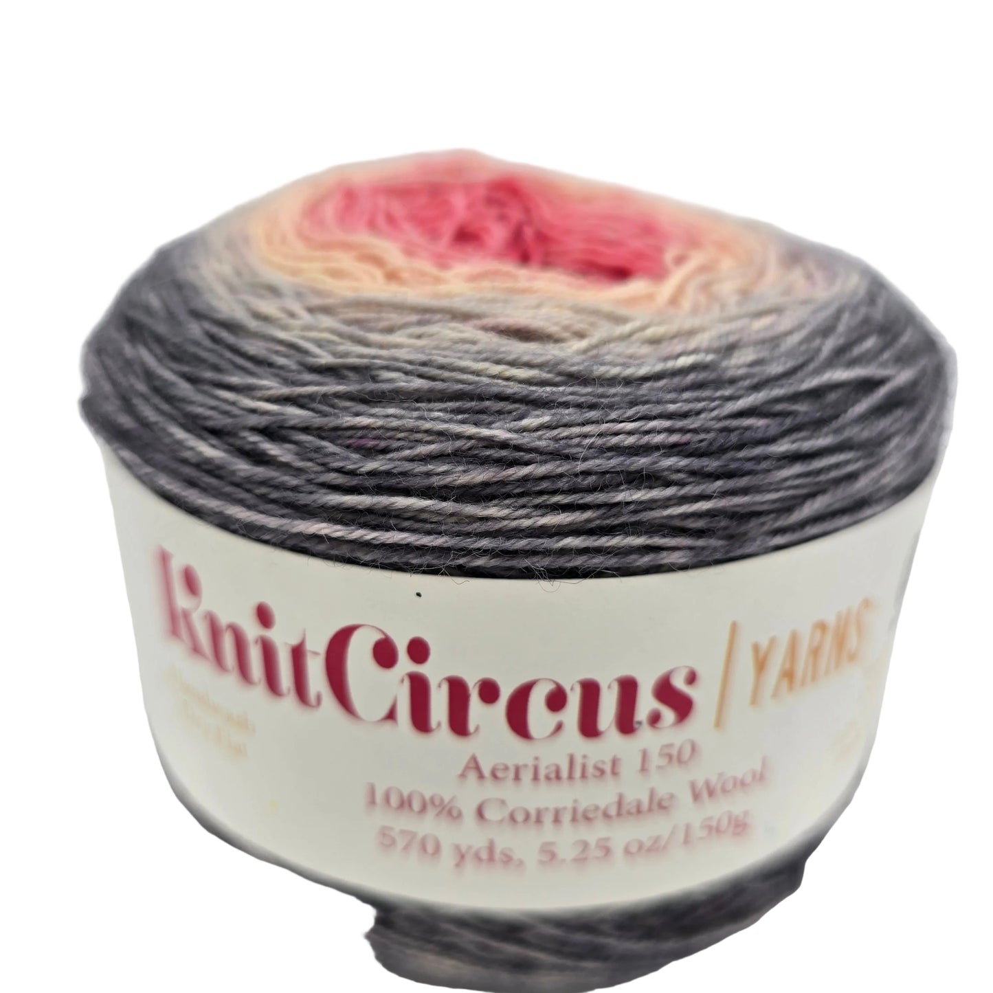Image of a single cake of Aerialist 150 Fingering Yarn by Knit Circus  in the color Come What May with label on a white background.