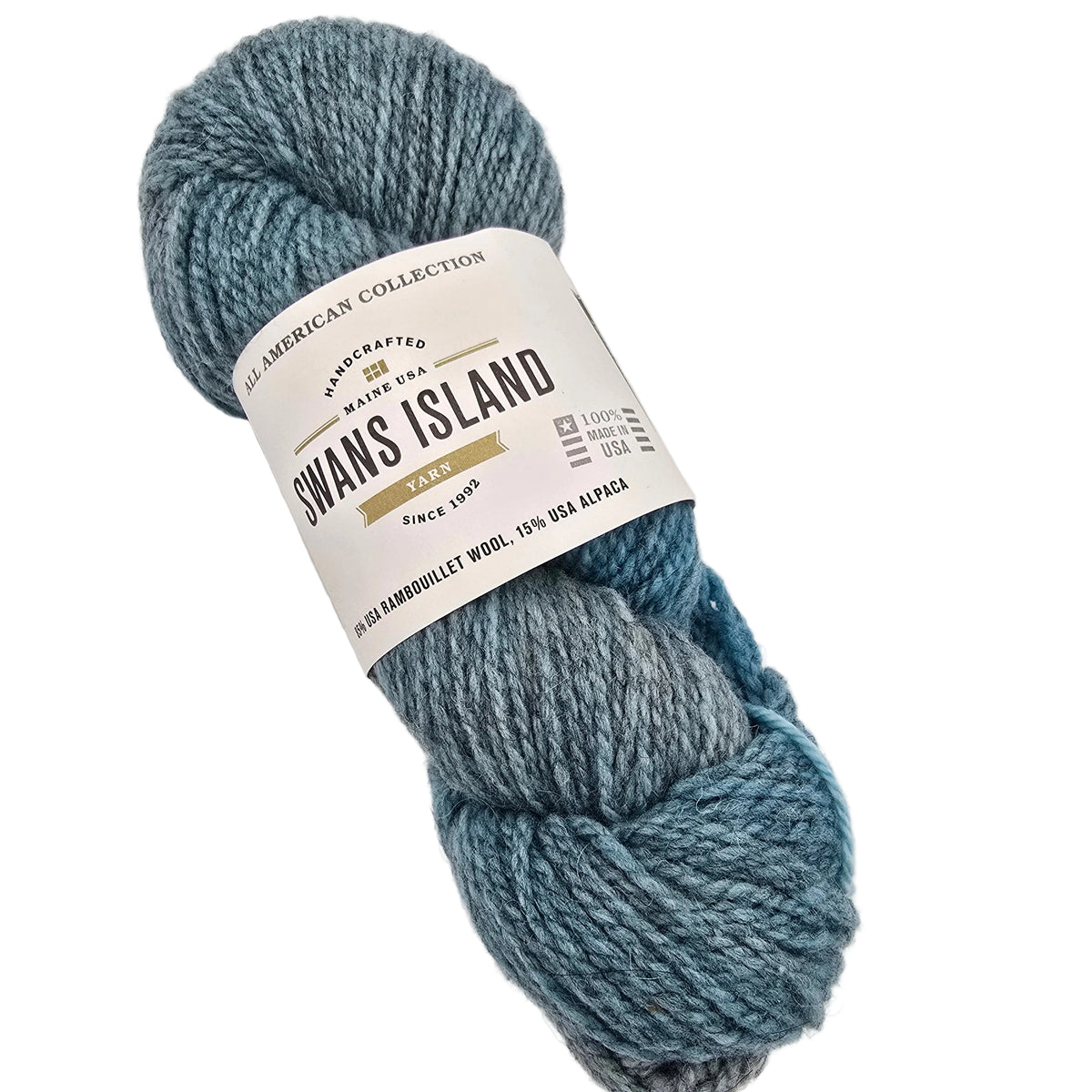 A skein of yarn from The American Collection by Swans Island Yarn in Robin's Egg a variegated blue and teal colorway with a white paper label.