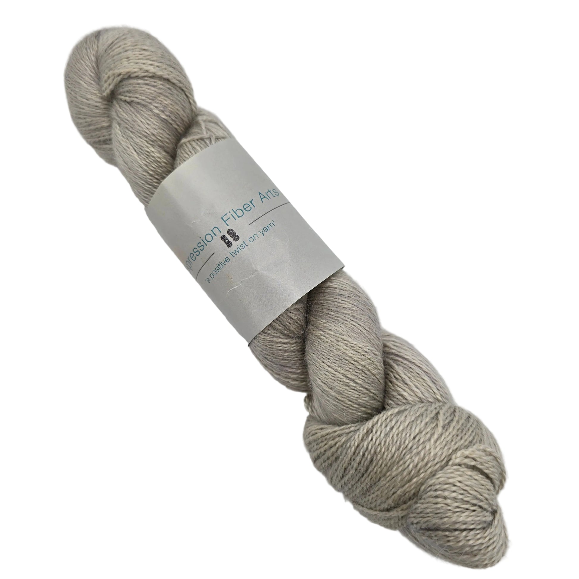 Image of a single skein of Alpaca Silk DK Yarn by Expression Fiber Arts in the color Tagua  with label on a white background.