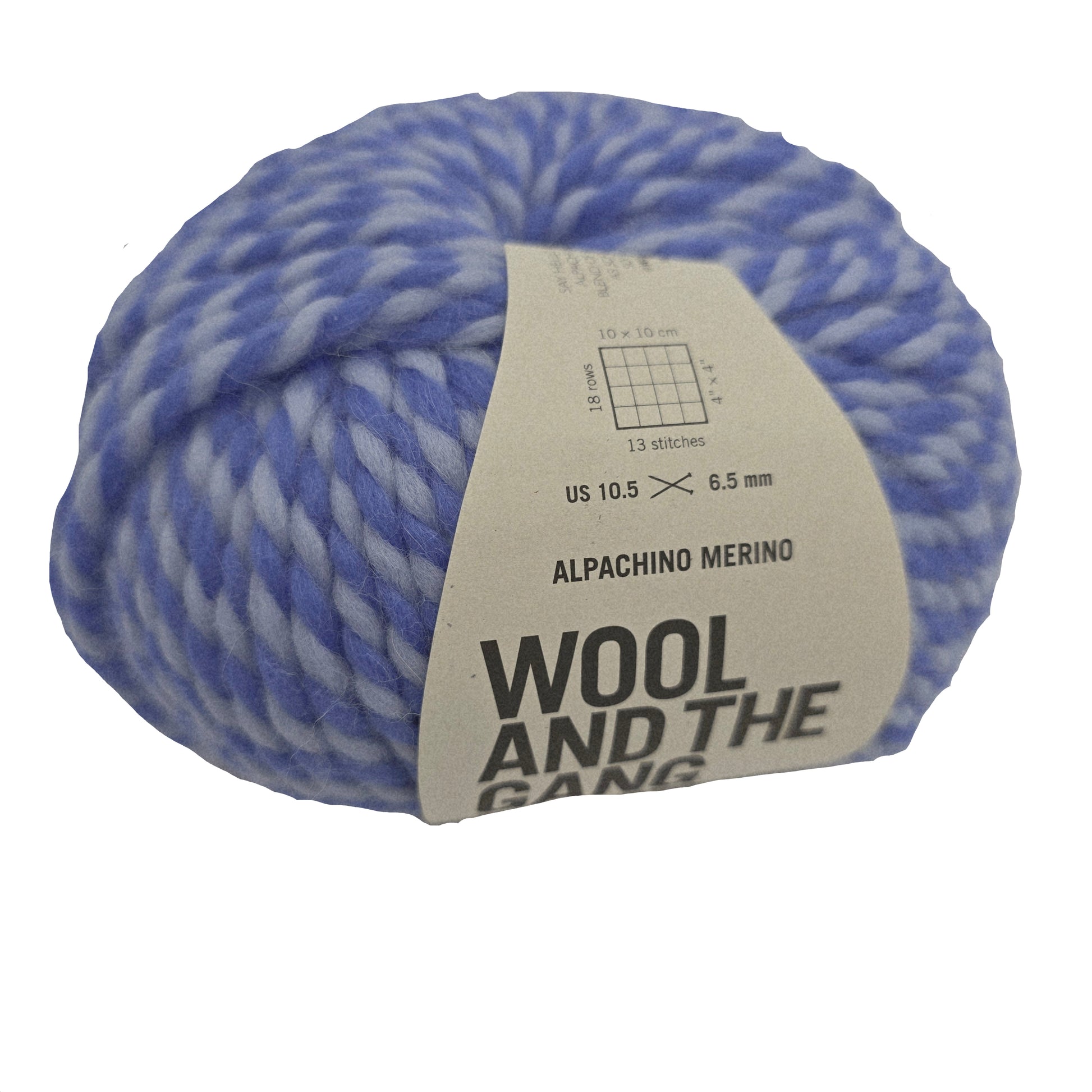 Image of a single ball of Alpachino Merino yarn by Wool And The Gang in the color  Blue Crush with label on a white background.