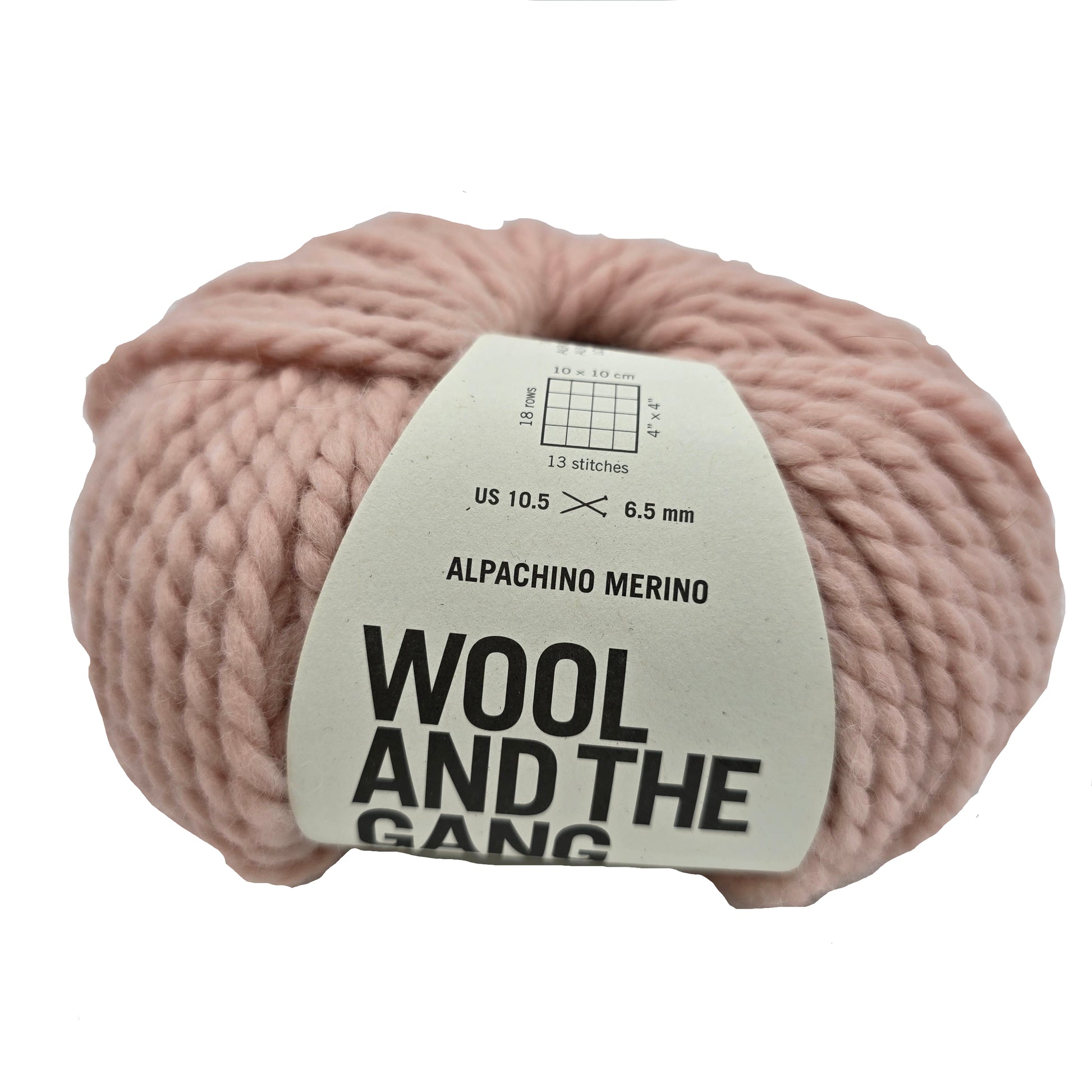 Image of a single ball of Alpachino Merino yarn by Wool And The Gang in the color Cameo Rose with label on a white background.