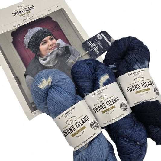 Image of three skeins of yarn and instruction booklet on a white background.