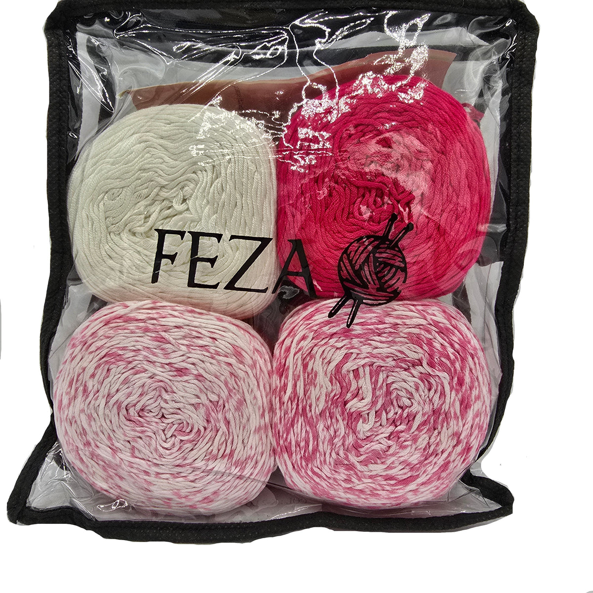A Feza Brand Baby Gradient Blanket kit with pattern that contains Four balls of yarn in assorted colors and patterns, packaged inside a clear zippered plastic bag with a black trim. The yarn includes solid cream, solid magenta, and marbled pink and white on a white background.