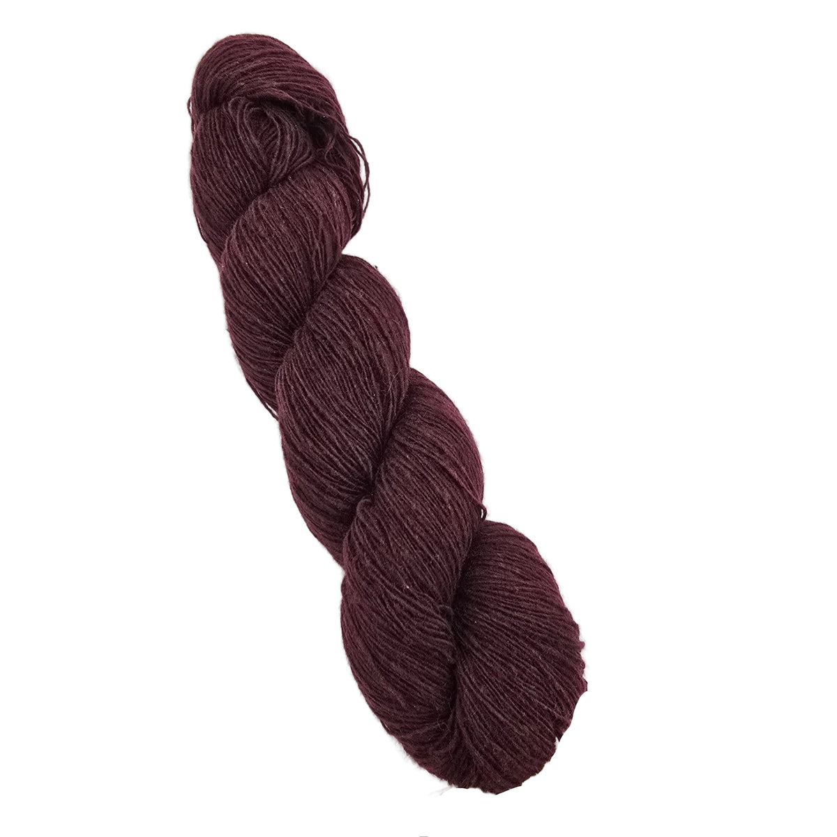 A single skein of dark plum  yarn photographed on a clean white background.