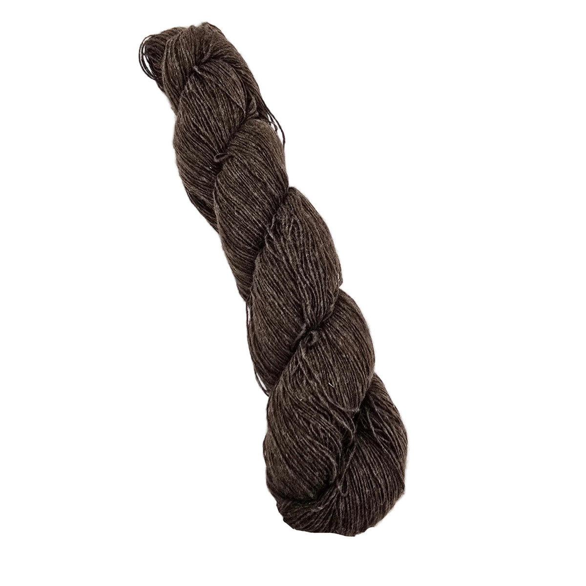 A skein of dark brown Baby_Yak_Lace_Yarn_by_mYak , photographed on a clean white background.