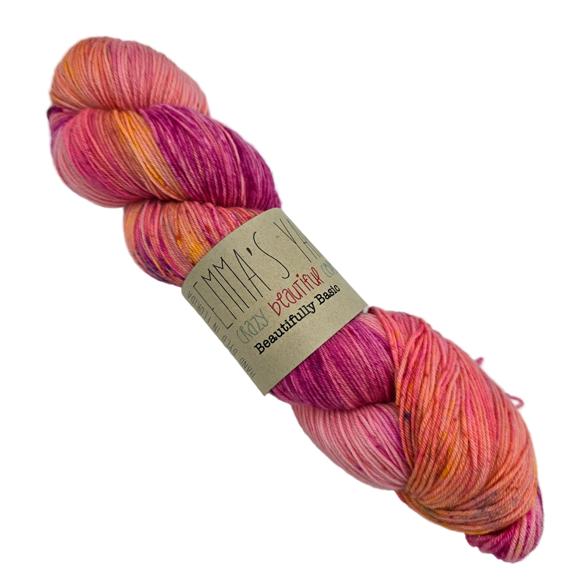 Image of a single skein of Beautifully Basic yarn by Emma's Yarn  in the color August '23 with label on a white background.